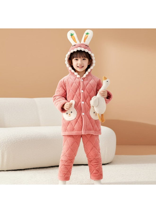Zisehy Purple Floral Thickened Quilted Fleece Autumn Winter Girls' Warm Cotton Pajamas Pink 160 - Image 2