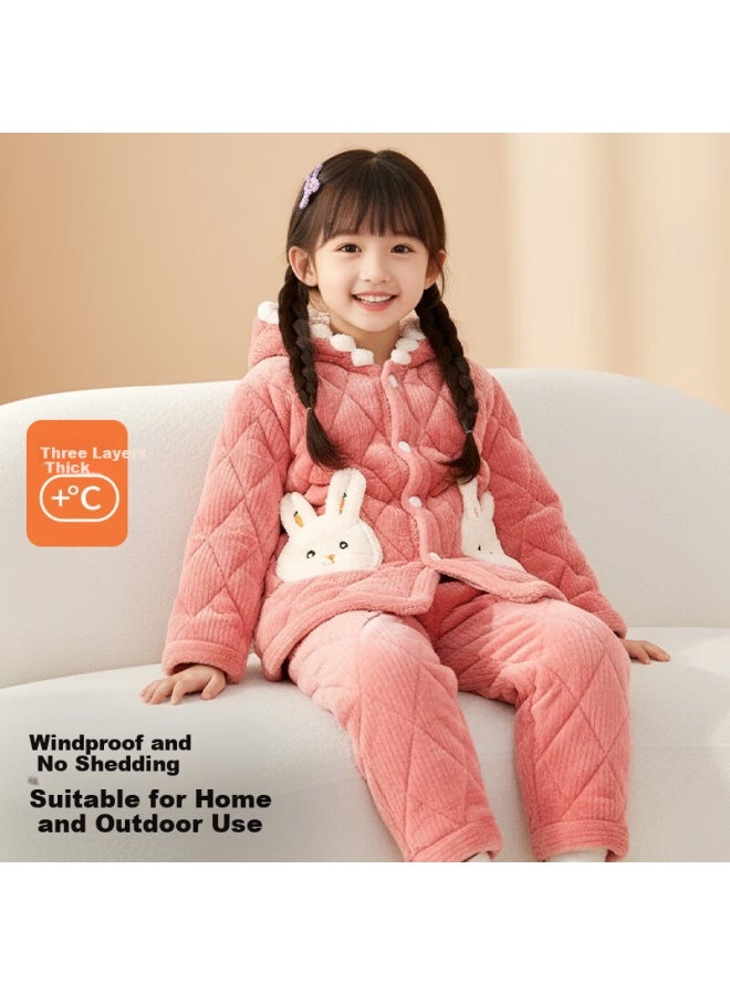 Zisehy Purple Floral Thickened Quilted Fleece Autumn Winter Girls' Warm Cotton Pajamas Pink 160 - Image 1
