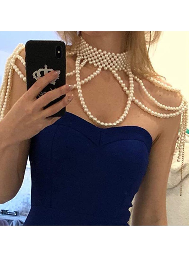 SYOSI - Pearl Shawl Body Chain, Pearl Shoulder Necklace Body Jewelry, Bra Tassel Body Chain, Summer Beach Body Accessories, Party Body Chains - Image 1