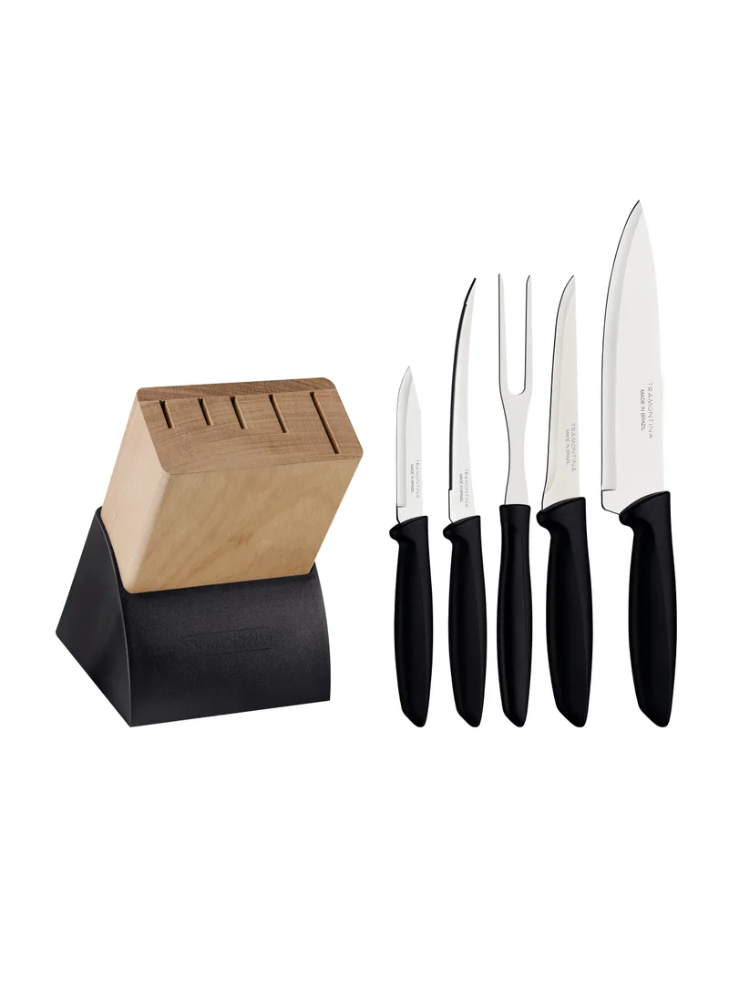 TRAMONTINA Plenus 6 Pieces Knife and Block Set with Stainless Steel Blade Black Polypropylene Handle