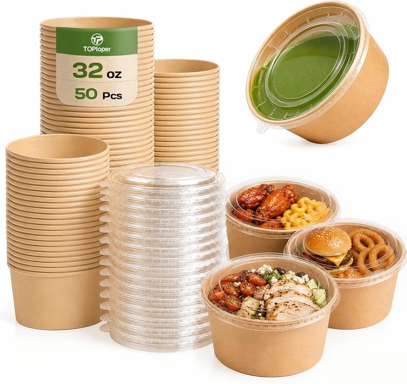TOPtoper 50 Pcs 32 Oz Large Paper Bowls with Lids, Disposable Soup Serving Bowls Bulk Party Supplies for Hot/Cold Food, Soup (32 OZ) - Image 1