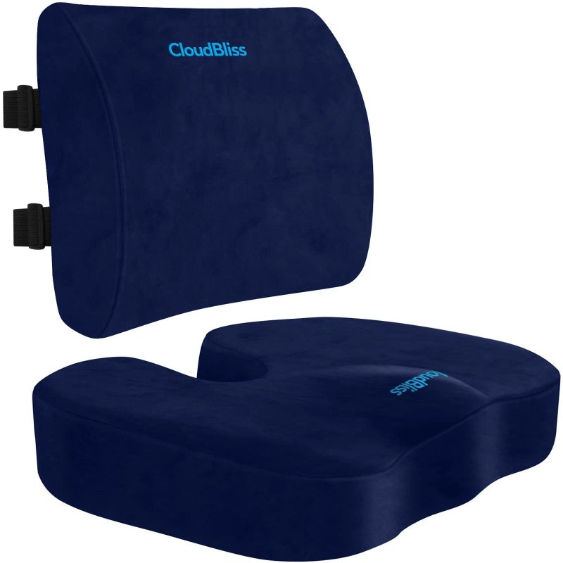 CloudBliss Seat Cushion,Office Chair Cushions,Car Seat Cushion,Lumbar Support Pillow for Office Chair,Back Support Memory Foam Pillow Coccyx Cushion for Tailbone Pain,Sciatica & Back Pain Relief -Blue - Image 1