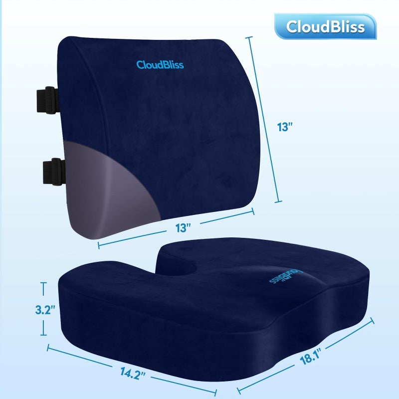 CloudBliss Seat Cushion,Office Chair Cushions,Car Seat Cushion,Lumbar Support Pillow for Office Chair,Back Support Memory Foam Pillow Coccyx Cushion for Tailbone Pain,Sciatica & Back Pain Relief -Blue - Image 2