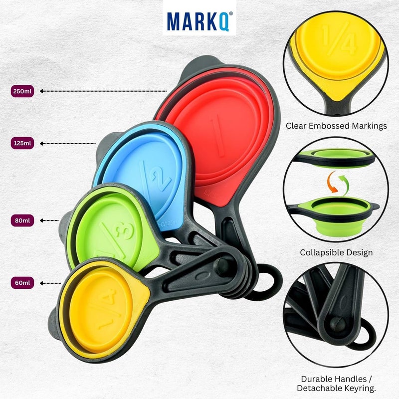 MARKQ Collapsible Silicone Measuring Cups Set – 4-Piece Portable Food-Grade Silicone Measuring Set for Liquid, Baking & Cooking | Foldable Kitchen Measurement Cups for Travel – Black - Image 2
