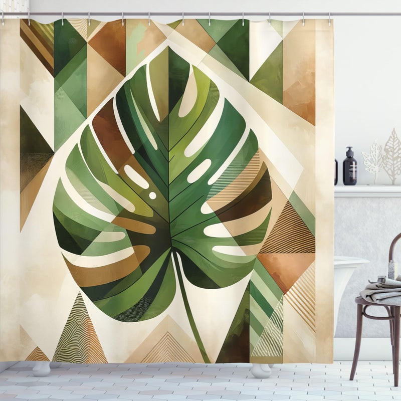 Ambesonne Monstera Shower Curtain  Abstract Leaf Boho Scandinavian Tropical Illustration of Nature  Cloth Fabric Bathroom Decor Set with Hooks  69"" W x 70"" L  Fern Green Sepia and Cocoa - Image 3