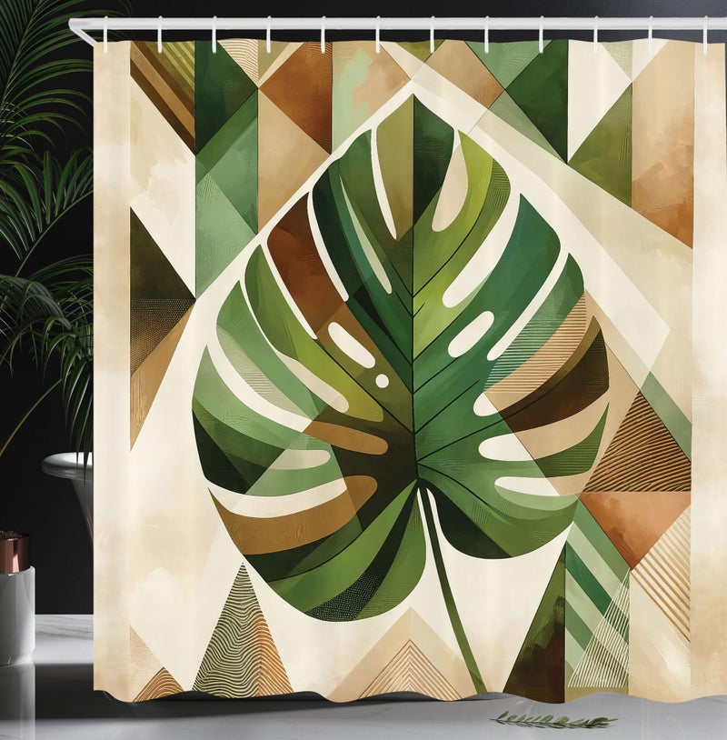 Ambesonne Monstera Shower Curtain  Abstract Leaf Boho Scandinavian Tropical Illustration of Nature  Cloth Fabric Bathroom Decor Set with Hooks  69"" W x 70"" L  Fern Green Sepia and Cocoa - Image 1