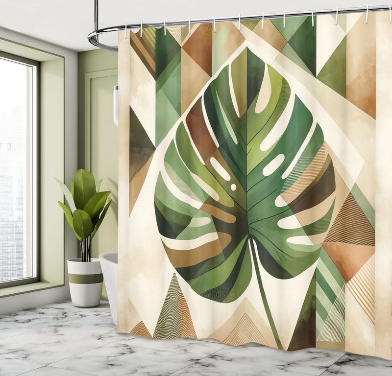 Ambesonne Monstera Shower Curtain  Abstract Leaf Boho Scandinavian Tropical Illustration of Nature  Cloth Fabric Bathroom Decor Set with Hooks  69"" W x 70"" L  Fern Green Sepia and Cocoa - Image 2