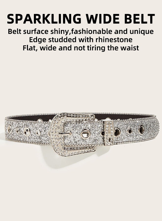 Women'S Rhinestone Belt - Shiny Rivet Western Cowboy Style Belt - Fits Jeans Detachable Buckle Fashion Trend Eye Shiny Style Western Y2k Rhinestone Buckle Wide Belt Waist Chain 103cm  - Image 2