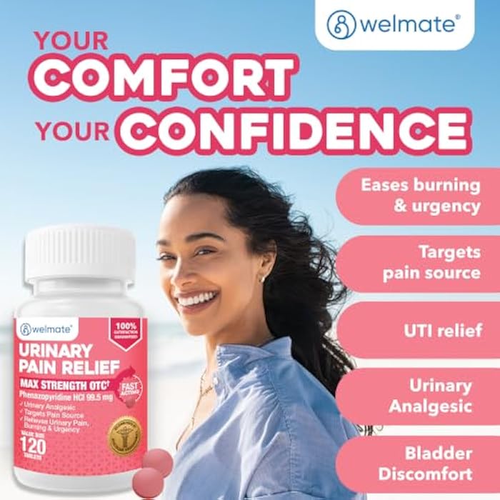 WELMATE Urinary Pain Relief, UTI Relief, Maximum Strength - Phenazopyridine HCl 99.5 mg, Fast Acting Urinary Tract Bladder Pain, Burning, Urgency, Discomfort for Men & Women (120 Tablets) - Image 3