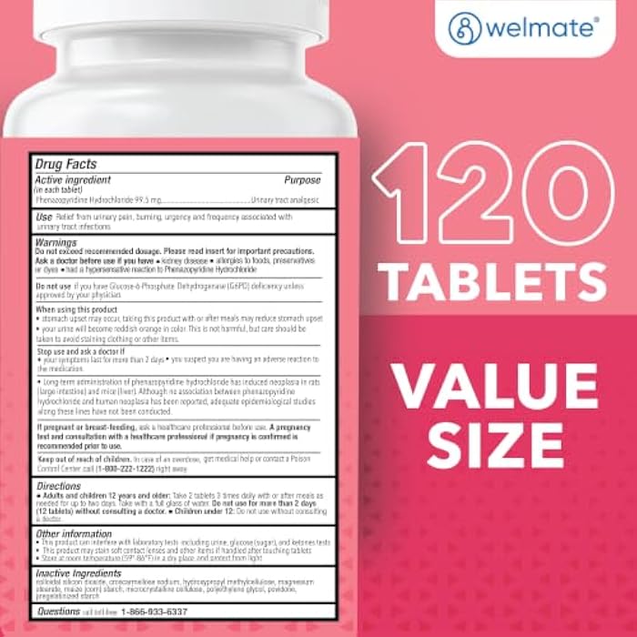 WELMATE Urinary Pain Relief, UTI Relief, Maximum Strength - Phenazopyridine HCl 99.5 mg, Fast Acting Urinary Tract Bladder Pain, Burning, Urgency, Discomfort for Men & Women (120 Tablets) - Image 5
