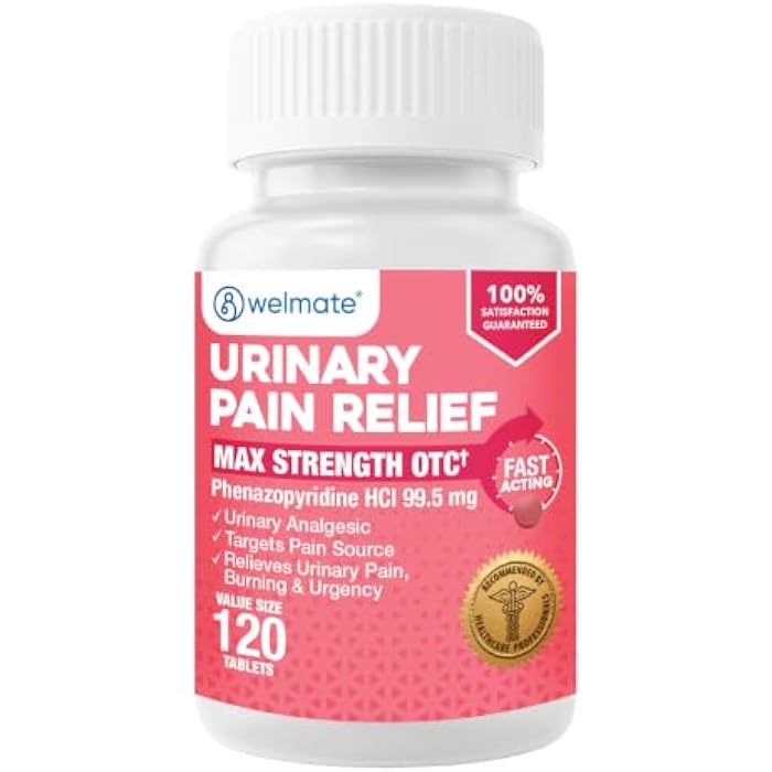 WELMATE Urinary Pain Relief, UTI Relief, Maximum Strength - Phenazopyridine HCl 99.5 mg, Fast Acting Urinary Tract Bladder Pain, Burning, Urgency, Discomfort for Men & Women (120 Tablets) - Image 1