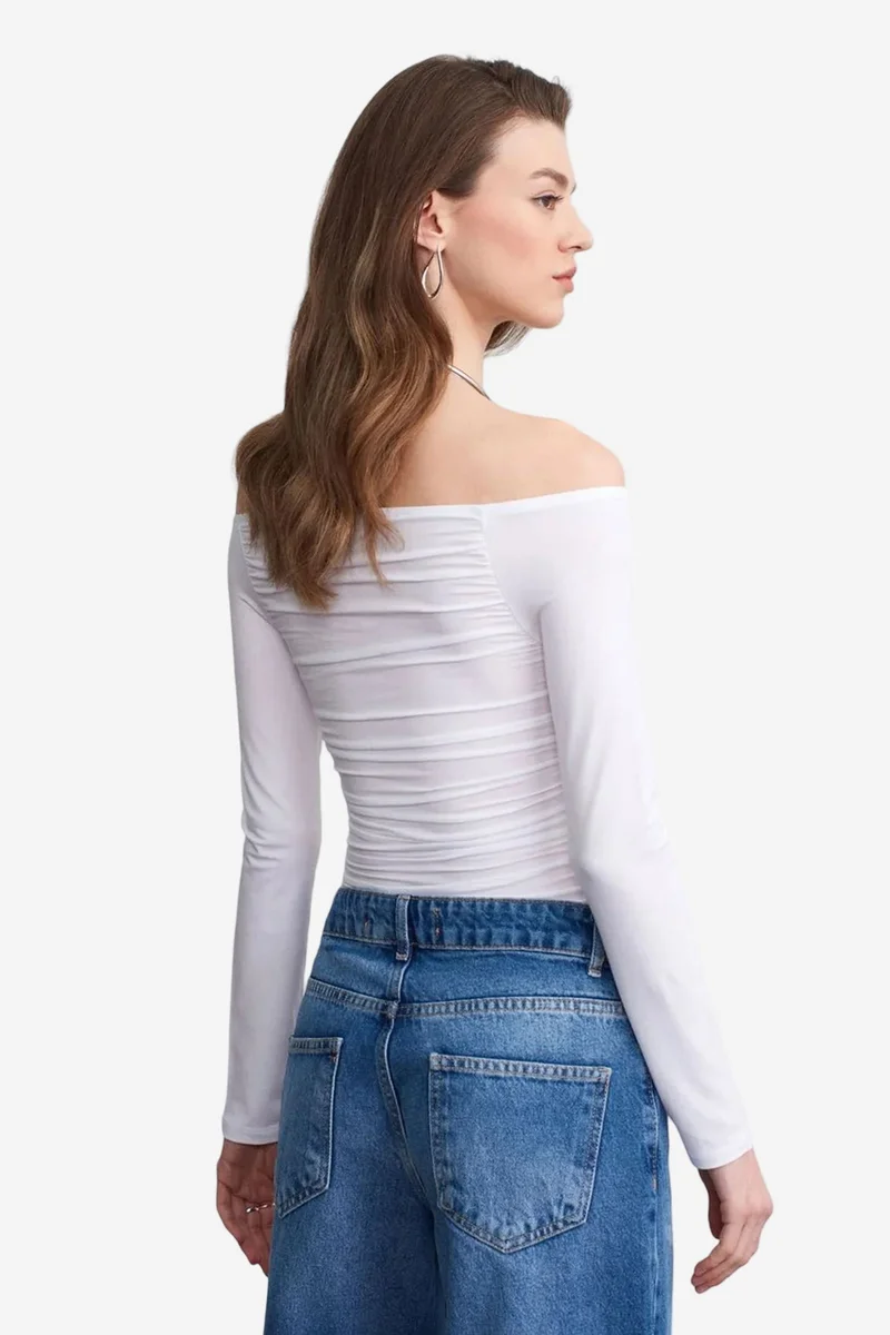 Dilvin White DILVIN Off-Shoulder Slim Fit Knit Blouse for Women | Best Price UAE