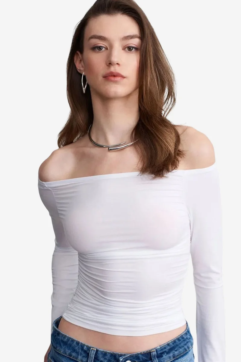 Dilvin White DILVIN Off-Shoulder Slim Fit Knit Blouse for Women | Best Price UAE