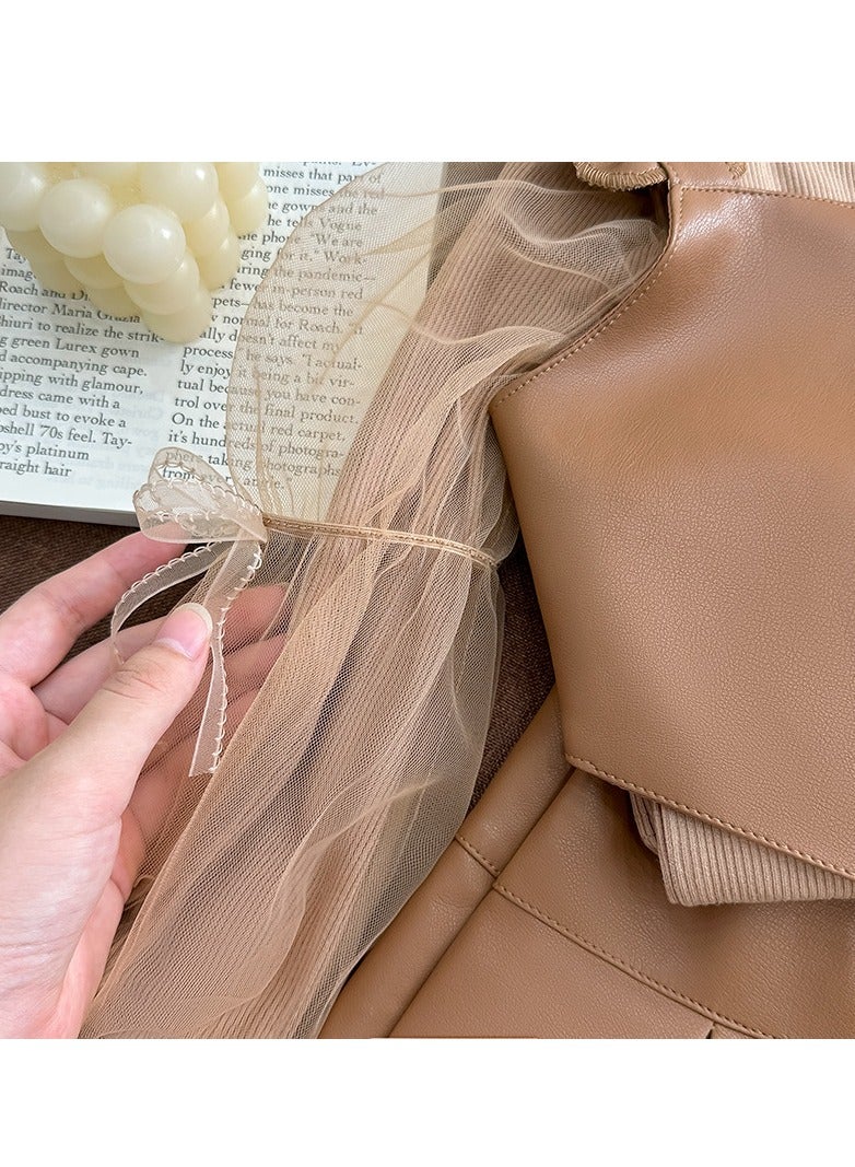 Toddler Girls Two-Piece Brown Leather-Look Tulle Vest & Skirt Set, Perfect for Birthday Parties, Photo Shoots & Special Events, Fits Height 90–100 cm (2–3 Y, 12–14 kg), Soft Polyester  - Image 5