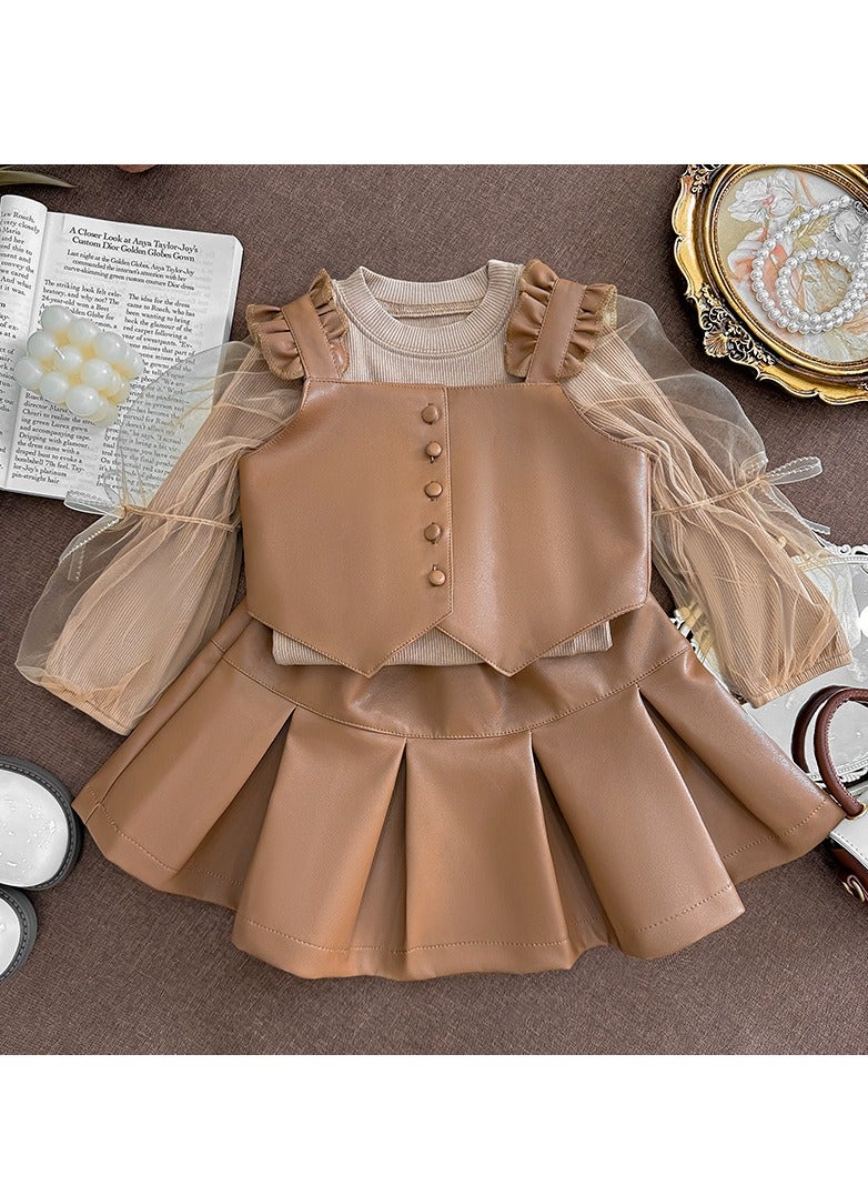 Toddler Girls Two-Piece Brown Leather-Look Tulle Vest & Skirt Set, Perfect for Birthday Parties, Photo Shoots & Special Events, Fits Height 90–100 cm (2–3 Y, 12–14 kg), Soft Polyester  - Image 1