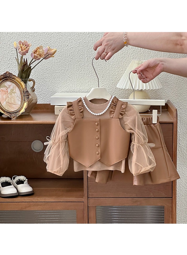 Toddler Girls Two-Piece Brown Leather-Look Tulle Vest & Skirt Set, Perfect for Birthday Parties, Photo Shoots & Special Events, Fits Height 90–100 cm (2–3 Y, 12–14 kg), Soft Polyester  - Image 4