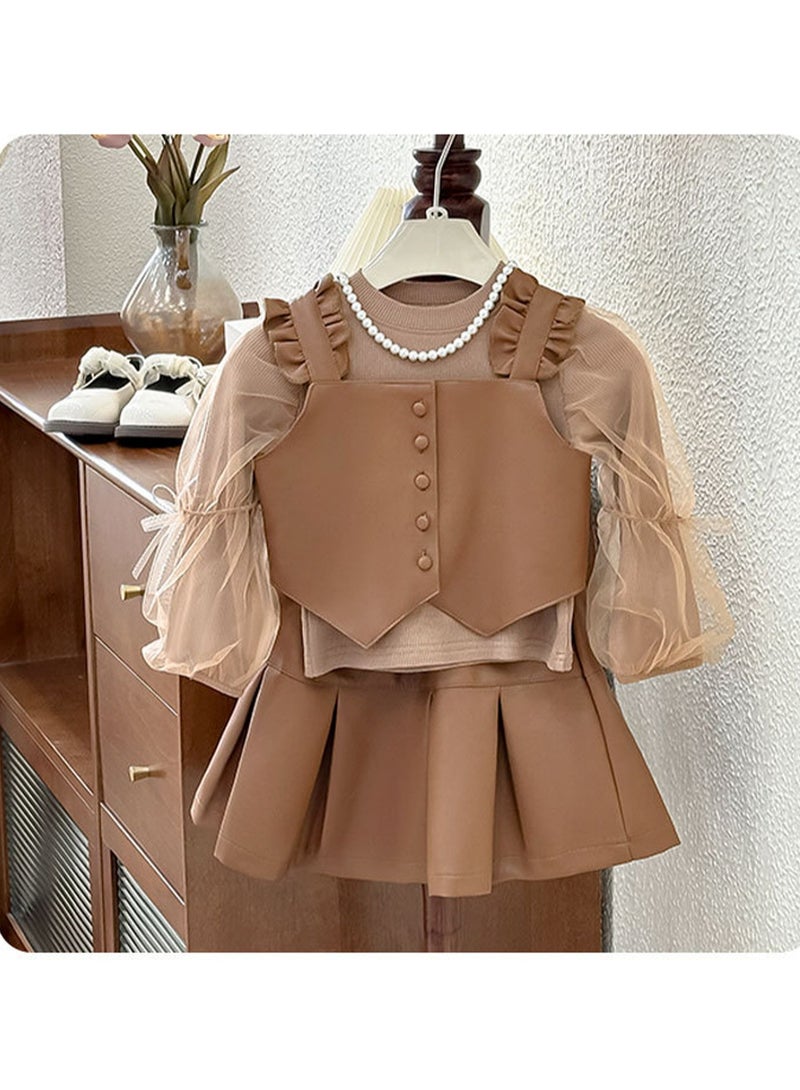 Toddler Girls Two-Piece Brown Leather-Look Tulle Vest & Skirt Set, Perfect for Birthday Parties, Photo Shoots & Special Events, Fits Height 90–100 cm (2–3 Y, 12–14 kg), Soft Polyester  - Image 3