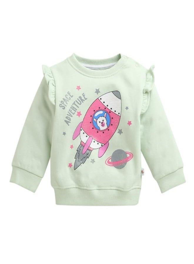 BUMZEE سويت شيرت بناتي من بامزي، مصنوع من مزيج البوليستر، بياقة دائرية وأكمام طويلة، مطبوع عليه رسومات، لون أخضر نعناعي - من 6 إلى 12 شهرًا (Peb11131C-mgn) - Image 1