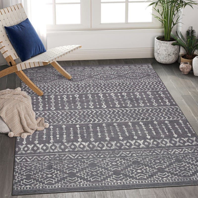 Art&Tuft 3x5 Rug  Super Soft Ultra-Thin Moroccan Washable Rug  Anti-Slip Backing Rugs for Living Room  Foldable Geometric Machine Washable Area Rug(3'x5'  Grey) - Image 1