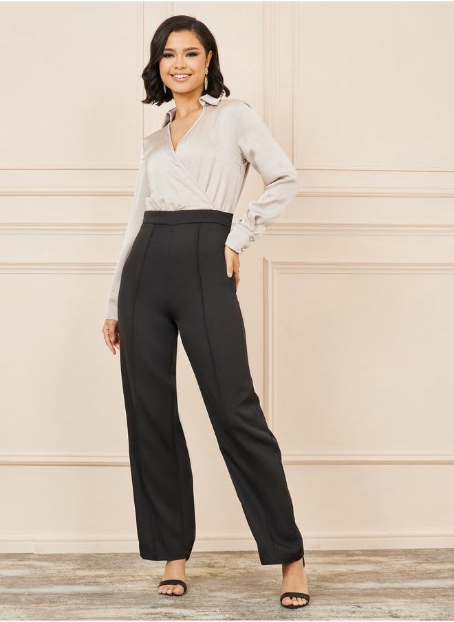 Styli Satin Collared Pintuck Straight Leg Tailored Jumpsuit  - Image 1