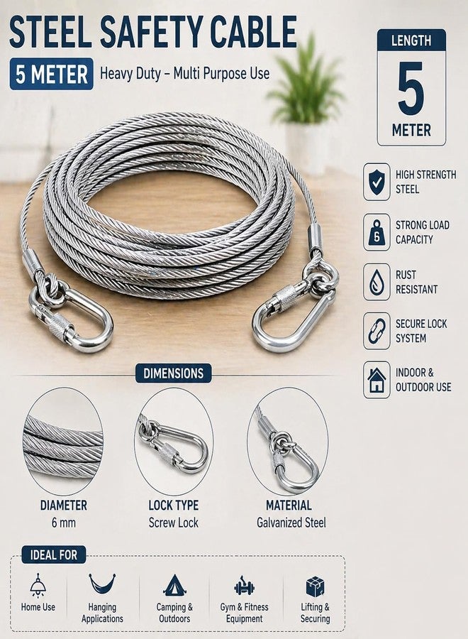 9UP® 1Pc Heavy Duty Stainless Steel Cable for Dogs & Clothes Drying Rope, 5 Meter Strong Wire Leash Line with Hooks, Rust Proof Multipurpose Indoor Outdoor Use - Image 2
