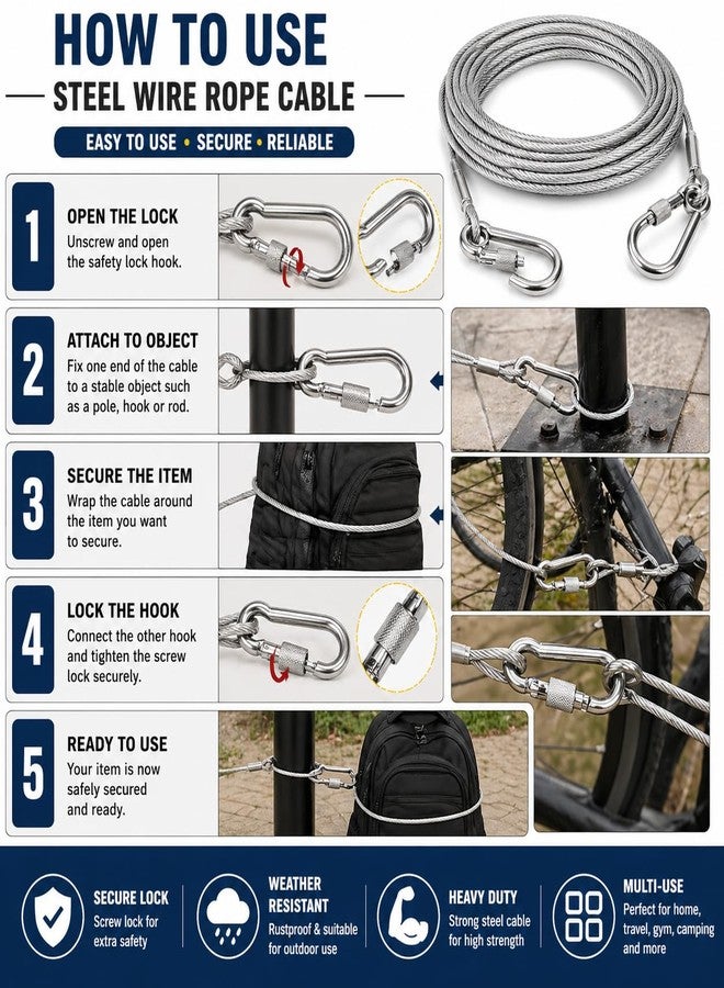 9UP® 1Pc Heavy Duty Stainless Steel Cable for Dogs & Clothes Drying Rope, 5 Meter Strong Wire Leash Line with Hooks, Rust Proof Multipurpose Indoor Outdoor Use - Image 5