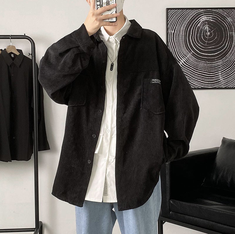 Hong Kong style corduroy long-sleeved shirt mens Spring and Autumn New loose Japanese style shirt coat fashion brand casual top clothes Khaki