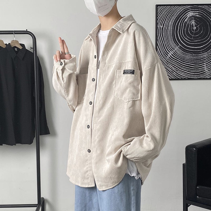 Hong Kong style corduroy long-sleeved shirt mens Spring and Autumn New loose Japanese style shirt coat fashion brand casual top clothes Khaki