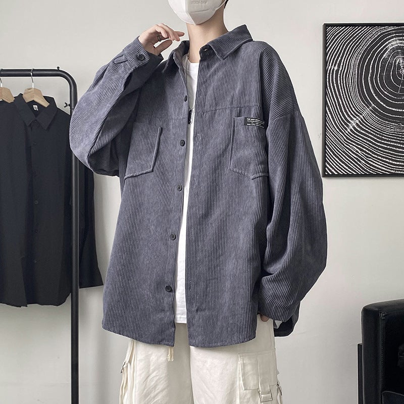 Hong Kong style corduroy long-sleeved shirt mens Spring and Autumn New loose Japanese style shirt coat fashion brand casual top clothes Khaki