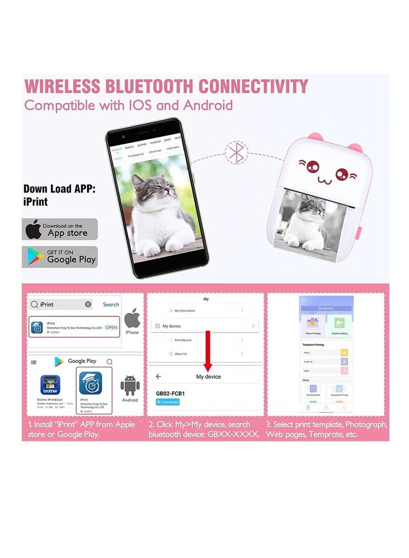 phomemo Compact portable printer, ink-free thermal printer, connects wirelessly to mobile phones for printing, includes 1 roll of thermal paper. Suitable for office, home, outdoor and travel use (pink). - Image 3