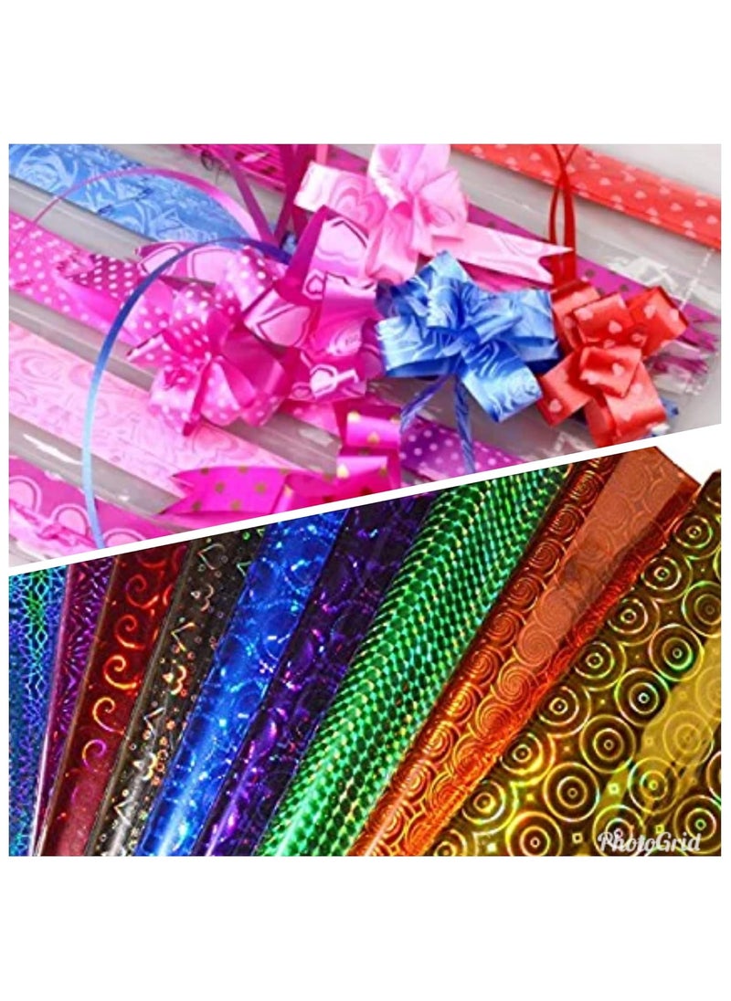 E Shopping - E Shopping Glossy Plastic Gift Wrappers, Wrapping Paper Coloured Holographic Print, Pack of 20, 64 X 45 cm with 20 Ribbon Flowers and 20 Best Wishes Stickers - Image 1