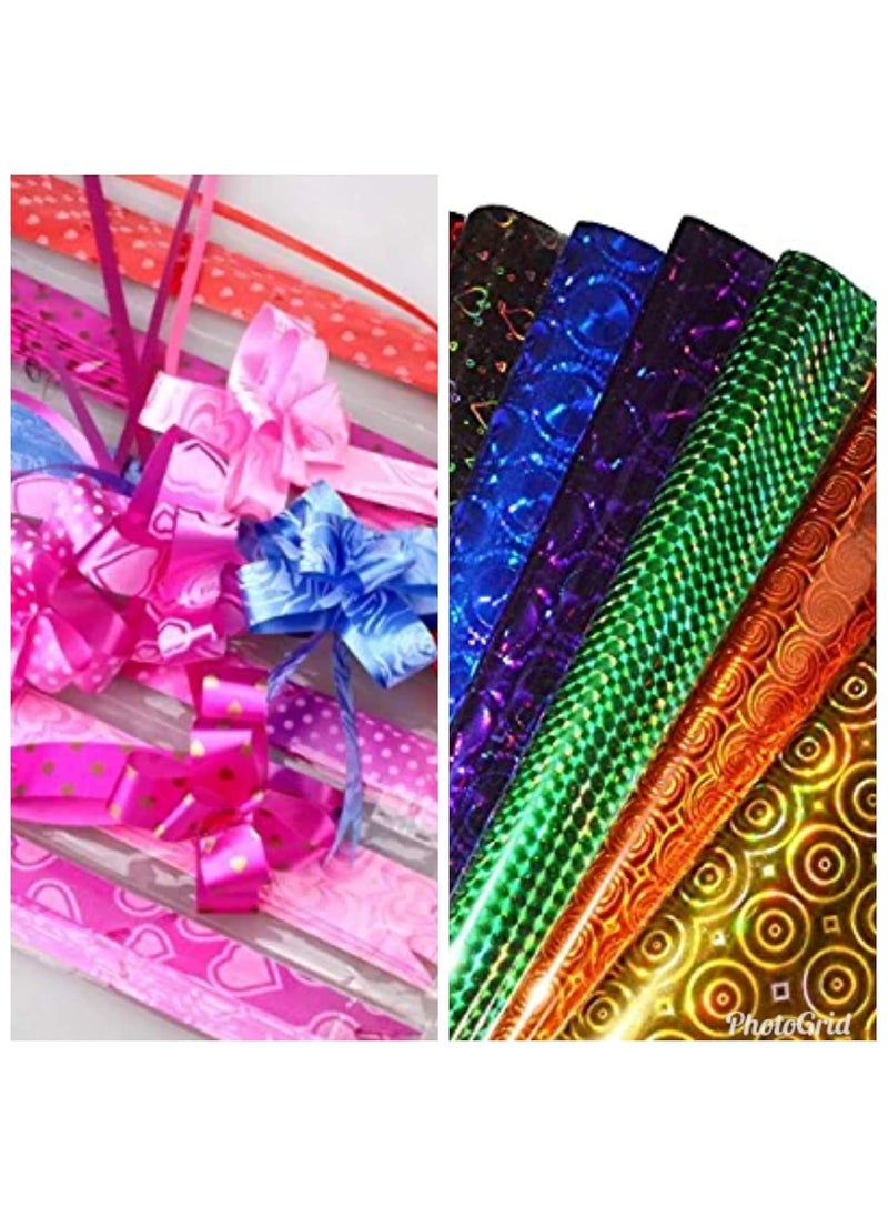 E Shopping - E Shopping Glossy Plastic Gift Wrappers, Wrapping Paper Coloured Holographic Print, Pack of 20, 64 X 45 cm with 20 Ribbon Flowers and 20 Best Wishes Stickers - Image 1
