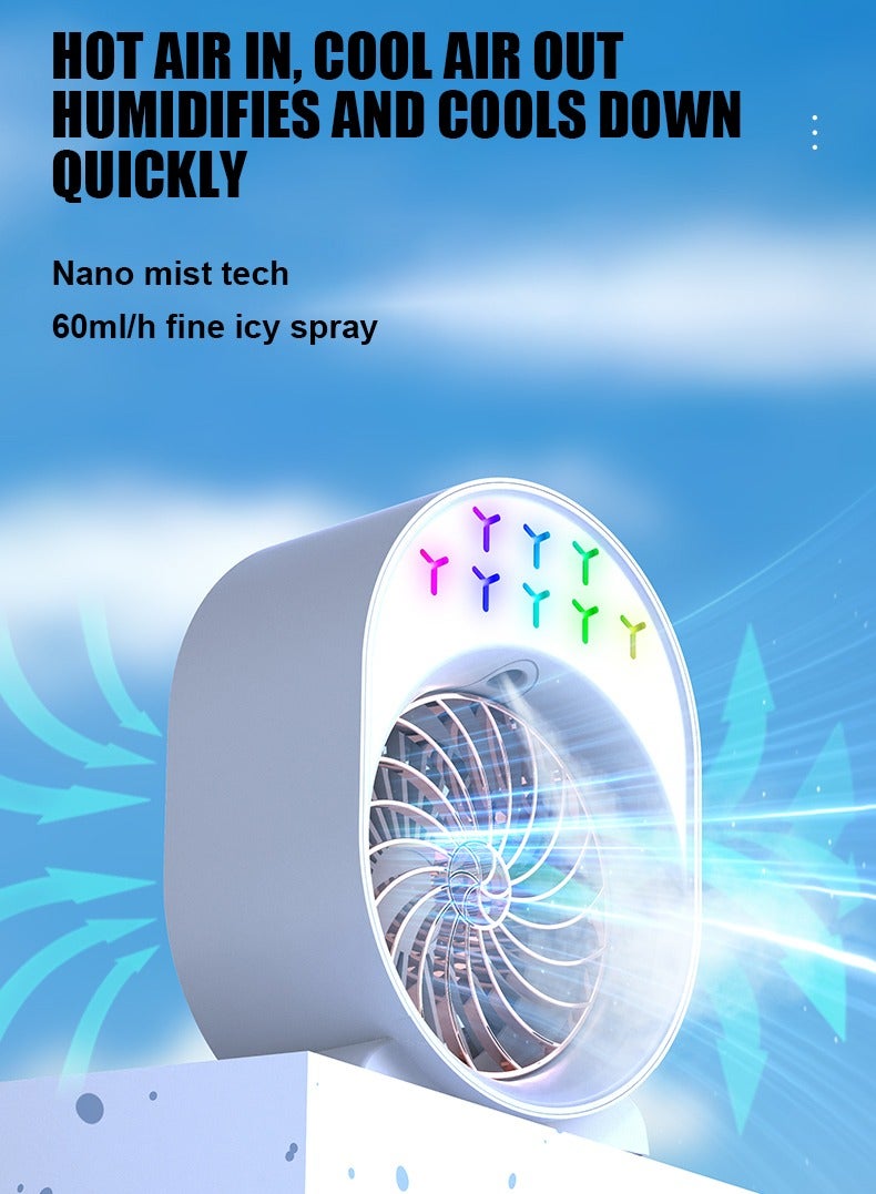 طريقة الاتصال مروحة ترطيب محمولة على المكتب – مروحة تبريد صغيرة شخصية بـ 3 سرعات، مع ضوء LED بـ 7 ألوان، خزان ماء 180 مل وصينية ثلج – مروحة طاولة USB هادئة للاستخدام في المنزل والمكتب والسفر والهواء الطلق  - Image 4