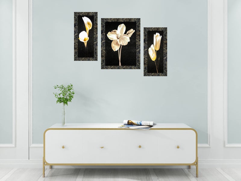 Indianara Synthetic wood FLORAL PAINTINGS (6 X 13, 10.2 X 13, 6 X 13 INCH, Marble Grey) - Image 3