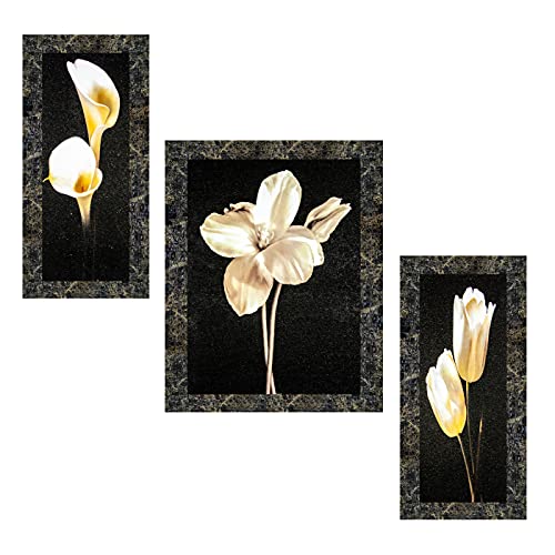 Indianara Synthetic wood FLORAL PAINTINGS (6 X 13, 10.2 X 13, 6 X 13 INCH, Marble Grey) - Image 1