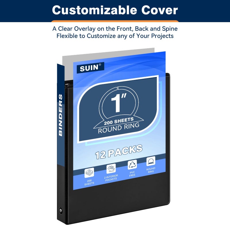 SUIN 1-inch 3 Ring Binder with Durable -Premium 1'' Binders with 3 Roung Ring, Large 200 Sheet Capacity, Fit 8.5" x 11" US Letter Size Paper (1'' -Black 12 Packs) - Image 3