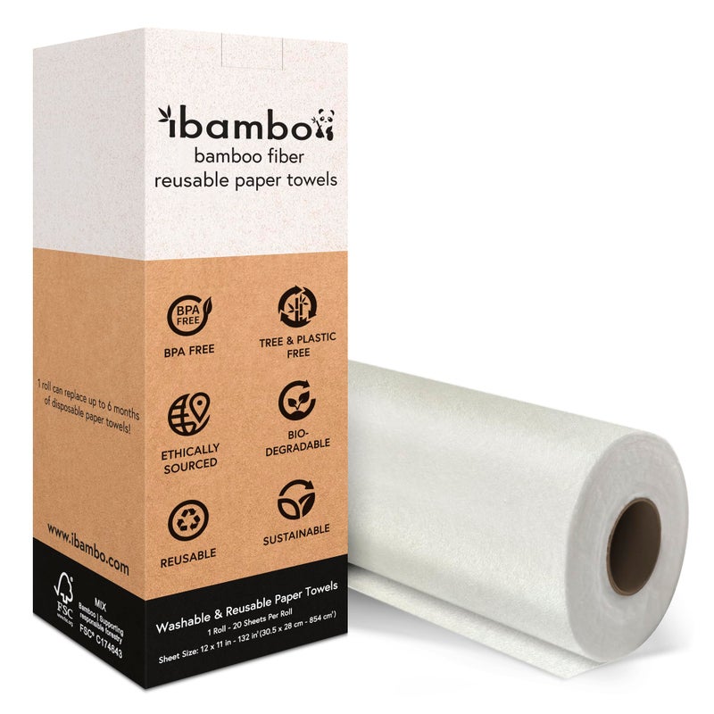 Ibambo Reusable Paper Towels Bamboo | Ultra Absorbent & Durable | Reusable Paper Towels Washable Roll | Fsc Certified | 100% Rayon Derived From Bamboo | Towel Alternative | 20 Sheets  12""X11"" | 1 Roll - Image 1