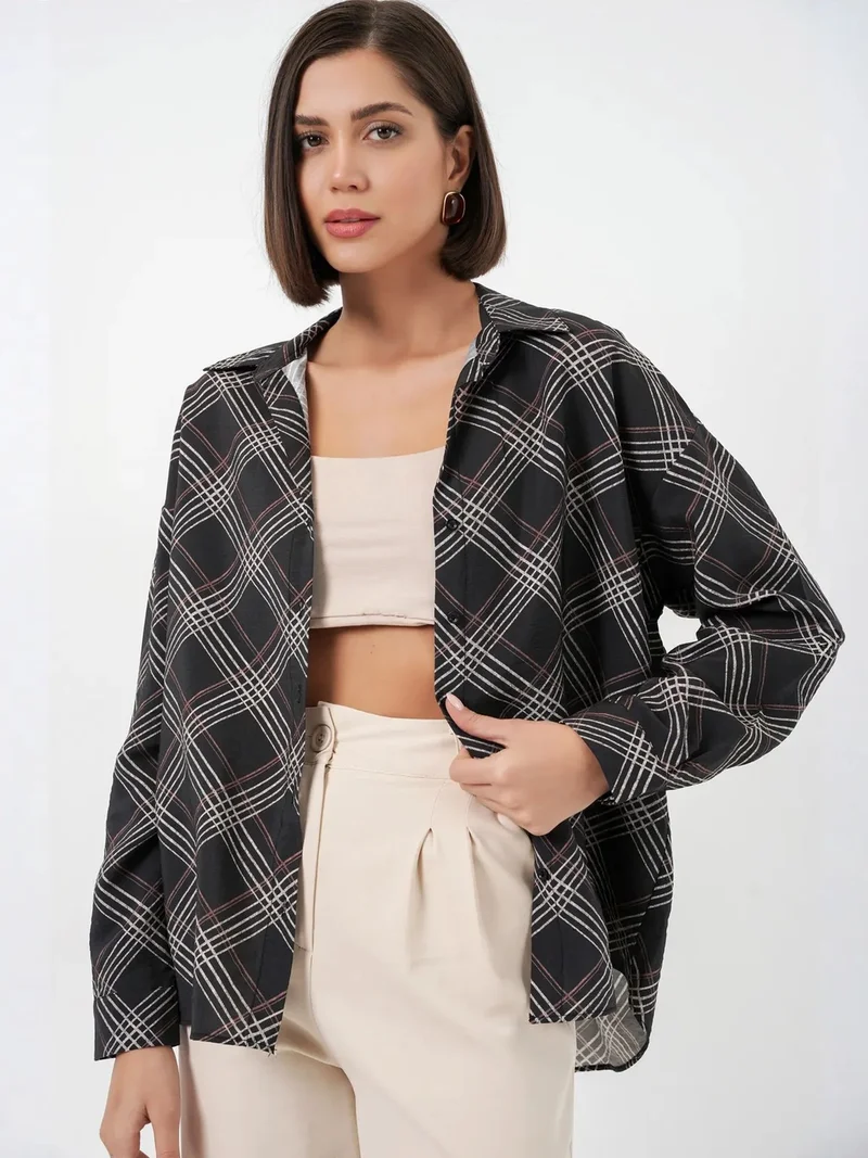 Big Dart Black BDART Oversized Plaid Button-Up Shirt for Women | Best Price UAE