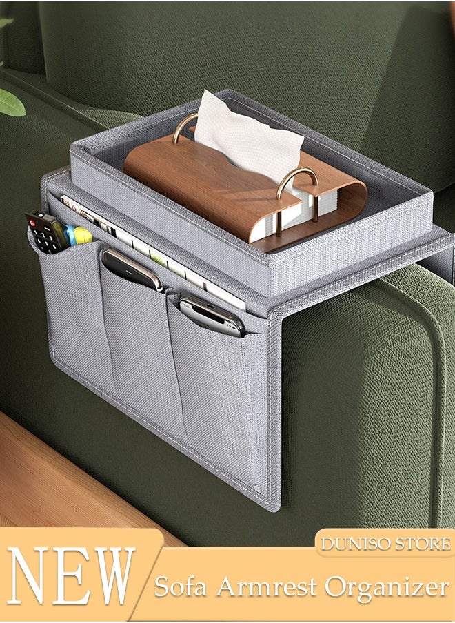 DUNISO Sofa Armrest Organizer With A Top Tray Chair Arm TV Remote Holder for Recliner Couch Armchair Caddy Bedside Storage Pockets Bag for Cellphone Tablet Book Magazines  Holder Pouch  - Image 1