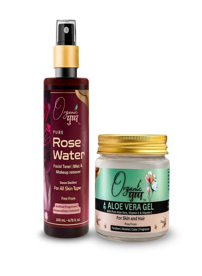 Organic Pushp Rose Water & Aloe Vera Gel Combo - 200ml + 200g | Pure, Natural Skincare Duo with Vitamin E & C | Hydrating Toner + Soothing Gel | For Face, Hair & DIY Beauty - Image 1