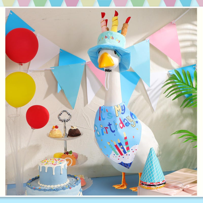 Dansydaisy Happy Birthday Goose Outfit Porch Goose Outfits with Happy Birthday Cake Hat and Bandana Yard Geese Outfits for 23" 17" Cement Plastic Geese Duck Decorations(Style 1,Blue) - Image 4