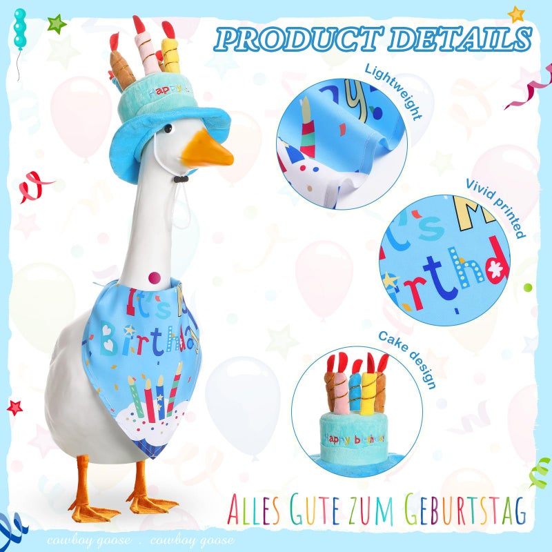 Dansydaisy Happy Birthday Goose Outfit Porch Goose Outfits with Happy Birthday Cake Hat and Bandana Yard Geese Outfits for 23" 17" Cement Plastic Geese Duck Decorations(Style 1,Blue) - Image 3