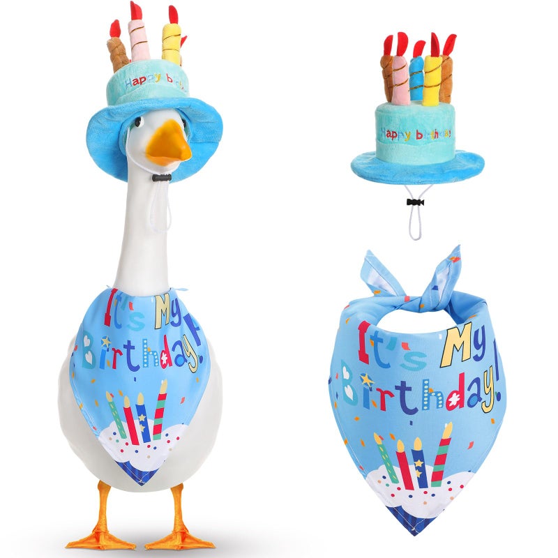 Dansydaisy Happy Birthday Goose Outfit Porch Goose Outfits with Happy Birthday Cake Hat and Bandana Yard Geese Outfits for 23" 17" Cement Plastic Geese Duck Decorations(Style 1,Blue) - Image 1