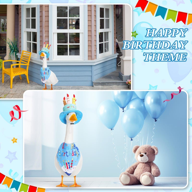 Dansydaisy Happy Birthday Goose Outfit Porch Goose Outfits with Happy Birthday Cake Hat and Bandana Yard Geese Outfits for 23" 17" Cement Plastic Geese Duck Decorations(Style 1,Blue) - Image 5