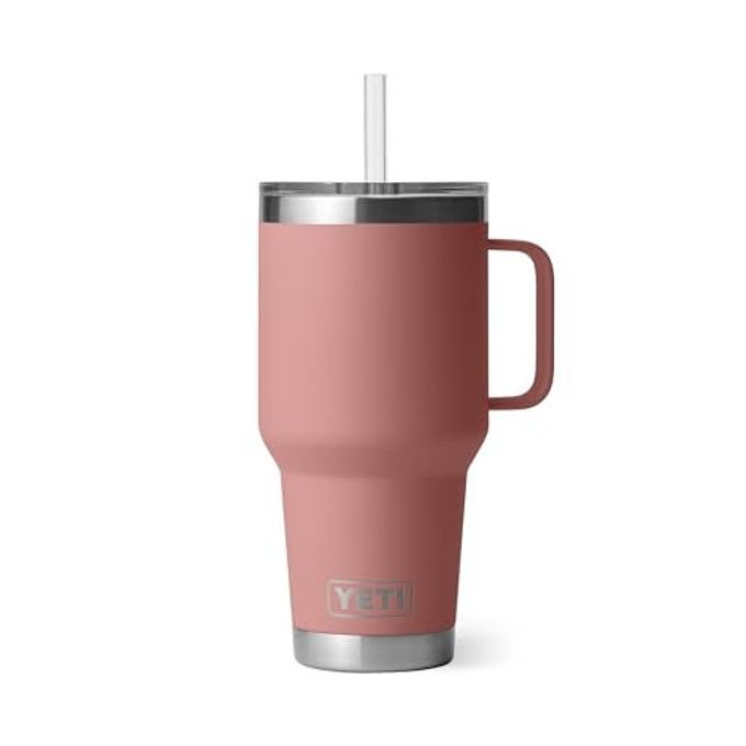 YETI Rambler 35 oz Tumbler with Handle and Straw Lid, Travel Mug Water Tumbler, Vacuum Insulated Cup with Handle, Stainless Steel, Sandstone Pink
