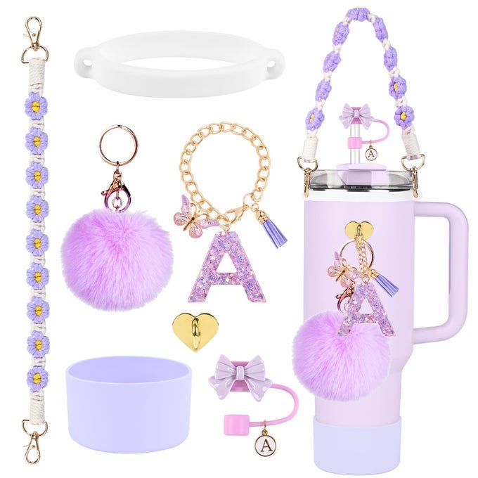 STANLEY CUP ACCESSORIES SET 10MM BOW STRAW TOPPER SILIOCNE BOOT WATER BOTTLE HANDLE STRAP LETTER CHARMS FOR STANLEY CUP STRAW COVER CAP 40OZ 30OZ TUMBLER APURPLE