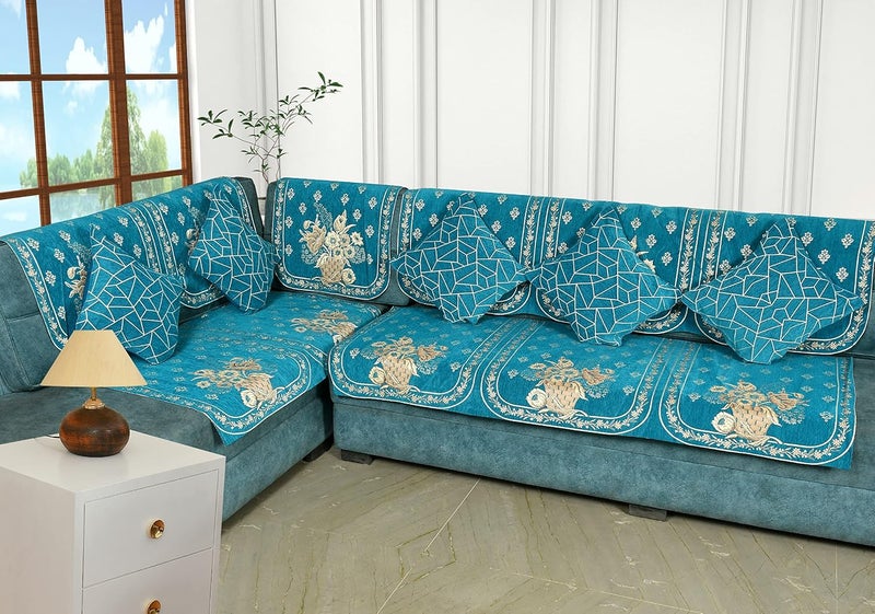 SAWNA HOMES L Shape 6 Seater Velvet Chenille Sofa Cover Set Printed Sofa Back Covers with Ties AntiSlip Royal Look Sofa Protector for 321 Seater Sofa for Living Room 11 Pcs Sky Blue - Image 1