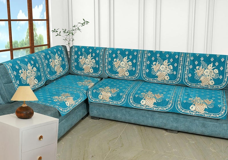 SAWNA HOMES L Shape 6 Seater Velvet Chenille Sofa Cover Set Printed Sofa Back Covers with Ties AntiSlip Royal Look Sofa Protector for 321 Seater Sofa for Living Room 11 Pcs Sky Blue - Image 2