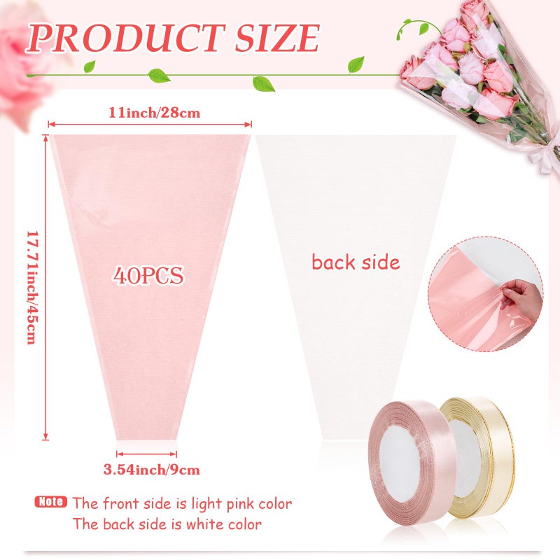 tchrules 50PCS Flower Bouquet Wrapping Paper with Ribbon, Pink Kraft Flower Sleeves for Bouquets, Floral Packing Bags Bulk for Valentine's Day Mother's Day Graduation Wedding, 17.7x11x3.5 inch - Image 2
