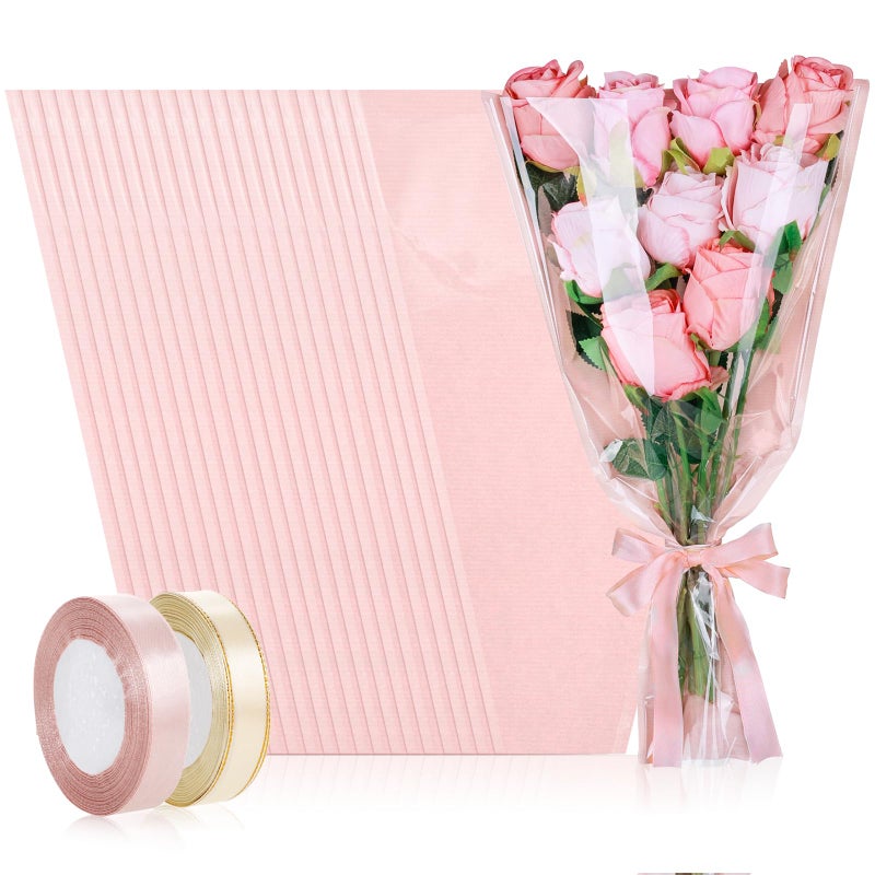 tchrules 50PCS Flower Bouquet Wrapping Paper with Ribbon, Pink Kraft Flower Sleeves for Bouquets, Floral Packing Bags Bulk for Valentine's Day Mother's Day Graduation Wedding, 17.7x11x3.5 inch - Image 1